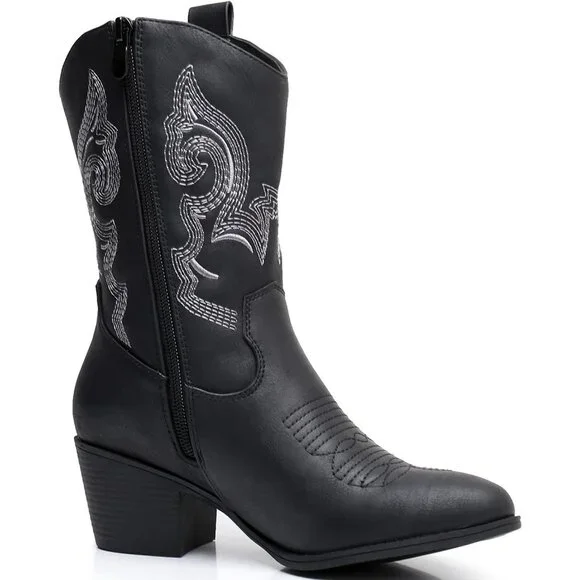 GLOBALWIN Cowgirl Boots Women's Black Faux Leather Mid Calf Chunky Low Heel